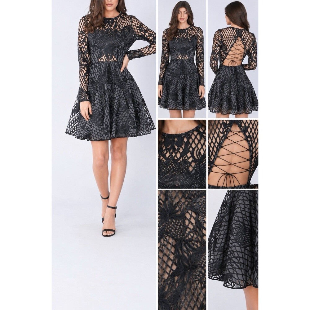 Thurley Fables Lace Up Dress Size AU 8 Black Lace up Open Back Fit & Flare 795